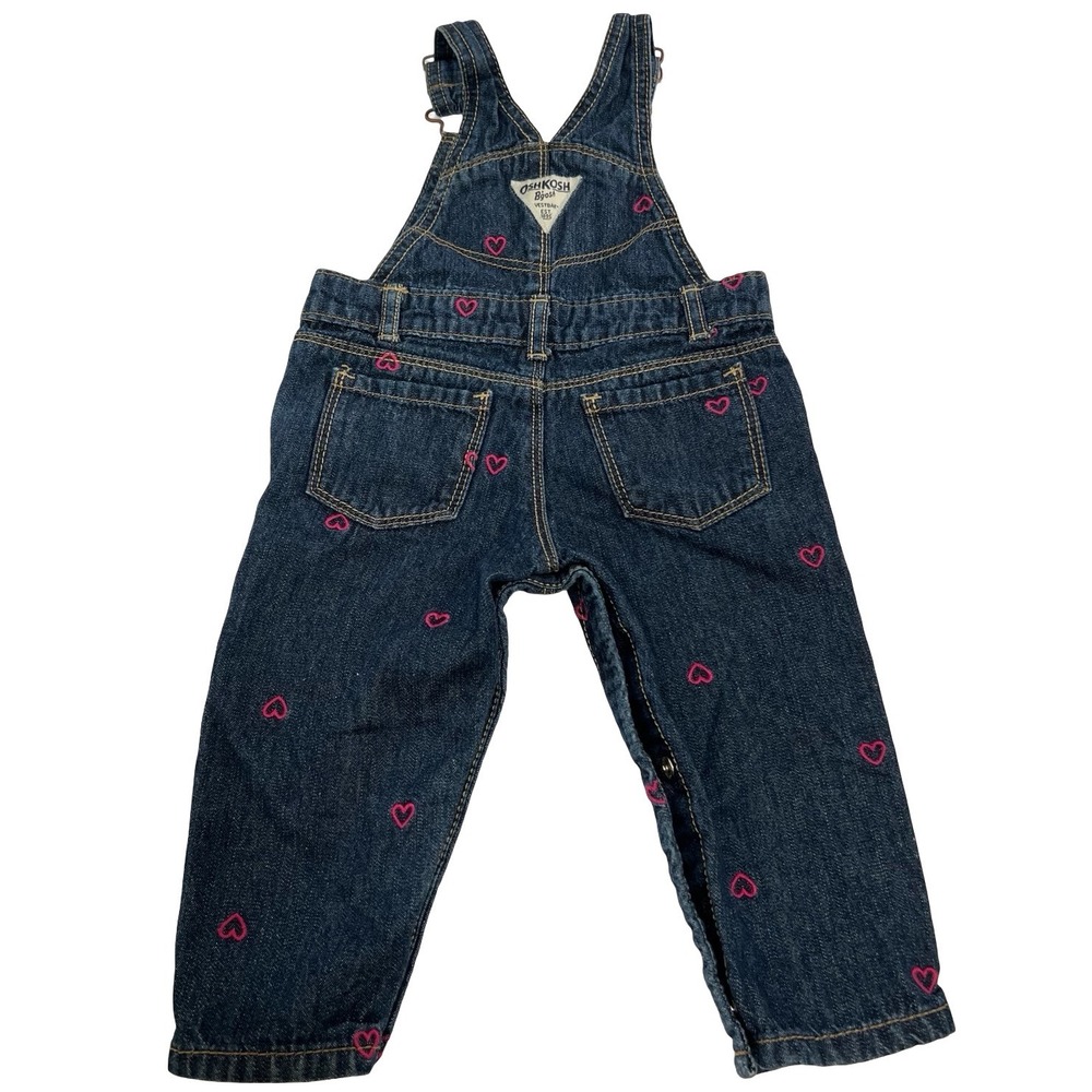 OshKosh Bgosh Baby Girls 9M Pink Heart Embroidered Denim Vestbak Overalls Blue